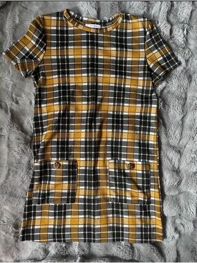 ZARA Yellow and Black Plaid Short Sleeve Shift Dress (S)